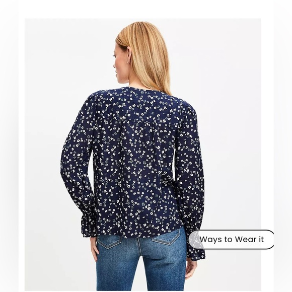 NWT Loft navy Petite Bloom split neck long sleeve blouse size petite xsmall - Picture 3 of 9